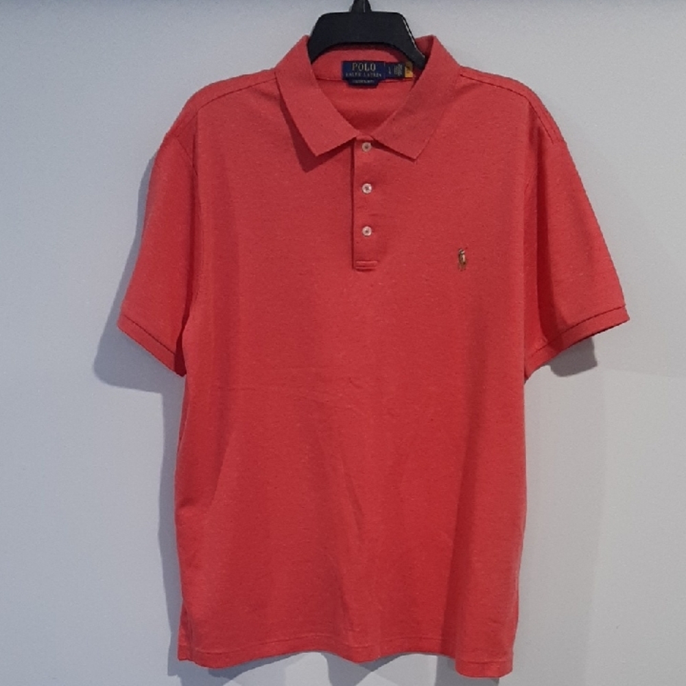 Polo by Ralph Lauren Men's Coral Pink Polo Shirt. Custom Sim Fit